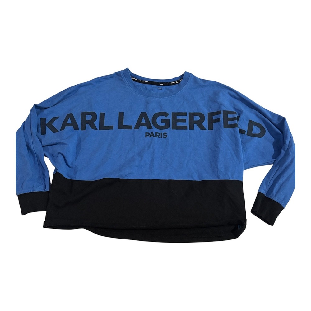 Karl Lagerfeld Paris Sz L Blue Black Colorblock Logo Spellout Long Sleeve Top